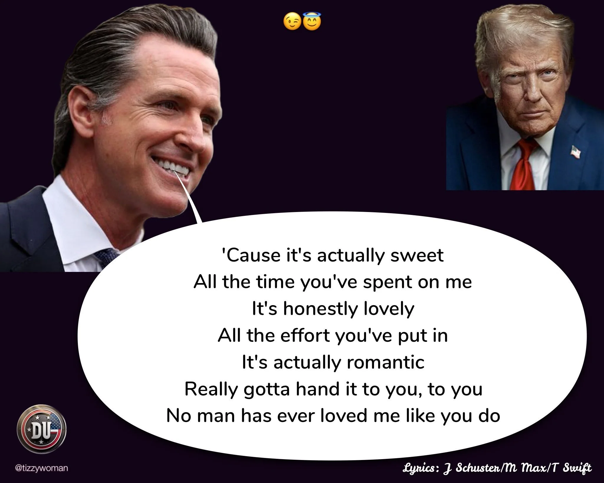 Image of two men, one smiling and the other serious-looking, with a speech bubble containing lyrics from a song, and emojis at the top.