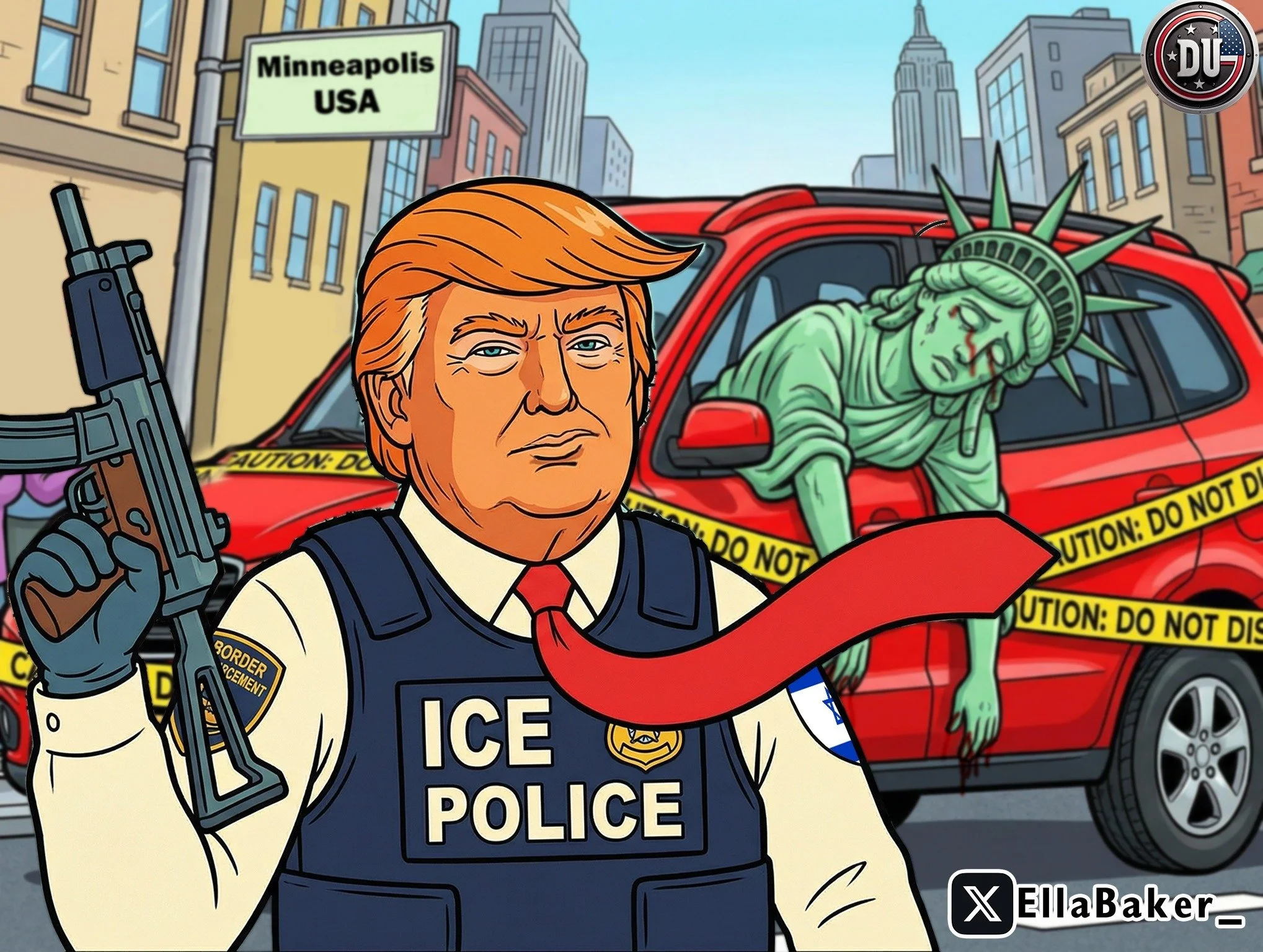 Cartoon illustration of an ICE police officer holding a rifle, with a red car in the background labeled with caution tape. The car has a zombie figure emerging from the window, and a cityscape and a sign for Minneapolis, USA is visible in the background.