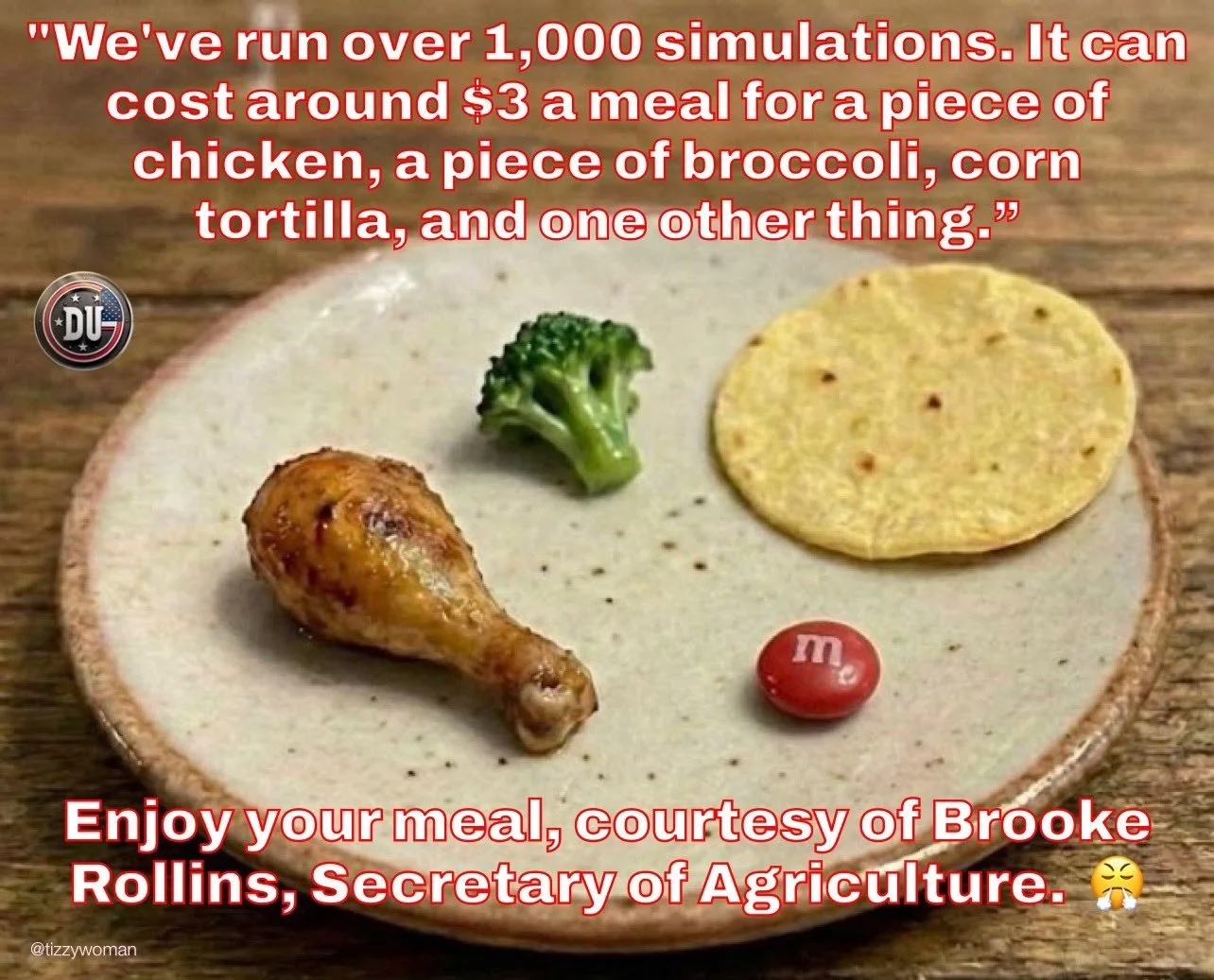A plate with a piece of broccoli, a small chicken drumstick, a corn tortilla, and a small red M&M candy, with overlaid text about food simulations and a message from Brooke Rollins, Secretary of Agriculture.