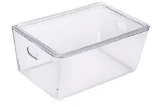 Clear plastic storage bin with lid