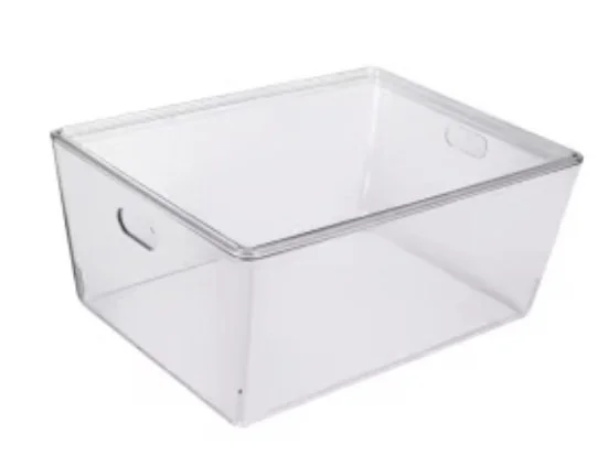 Clear plastic storage bin with a rectangular shape and a lid.
