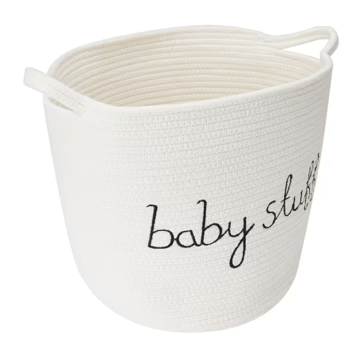 White fabric storage basket with the words 'baby stuff' written on the side.