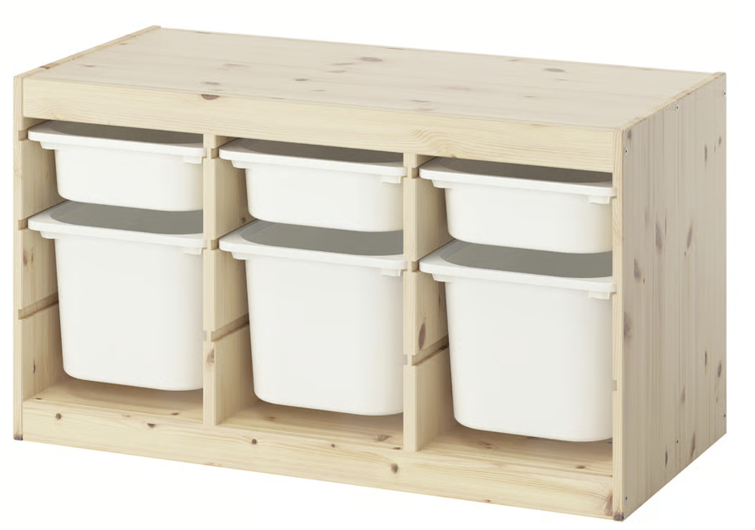 kids wooden storage bench with three compartments, each containing two white plastic bins with gray lids, in a minimalist design.