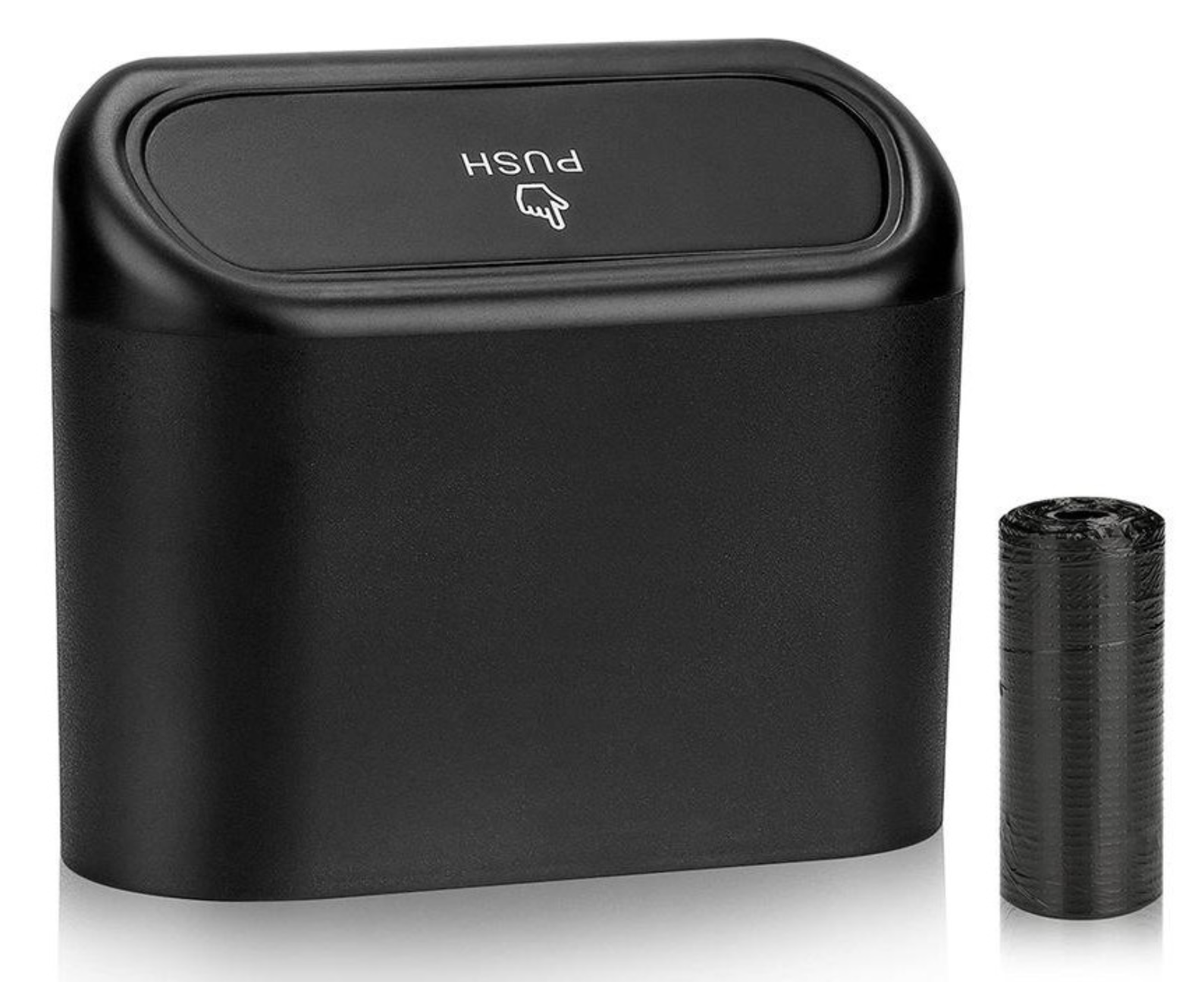 A black trash bin with a push lid and a roll of black trash bags beside it.