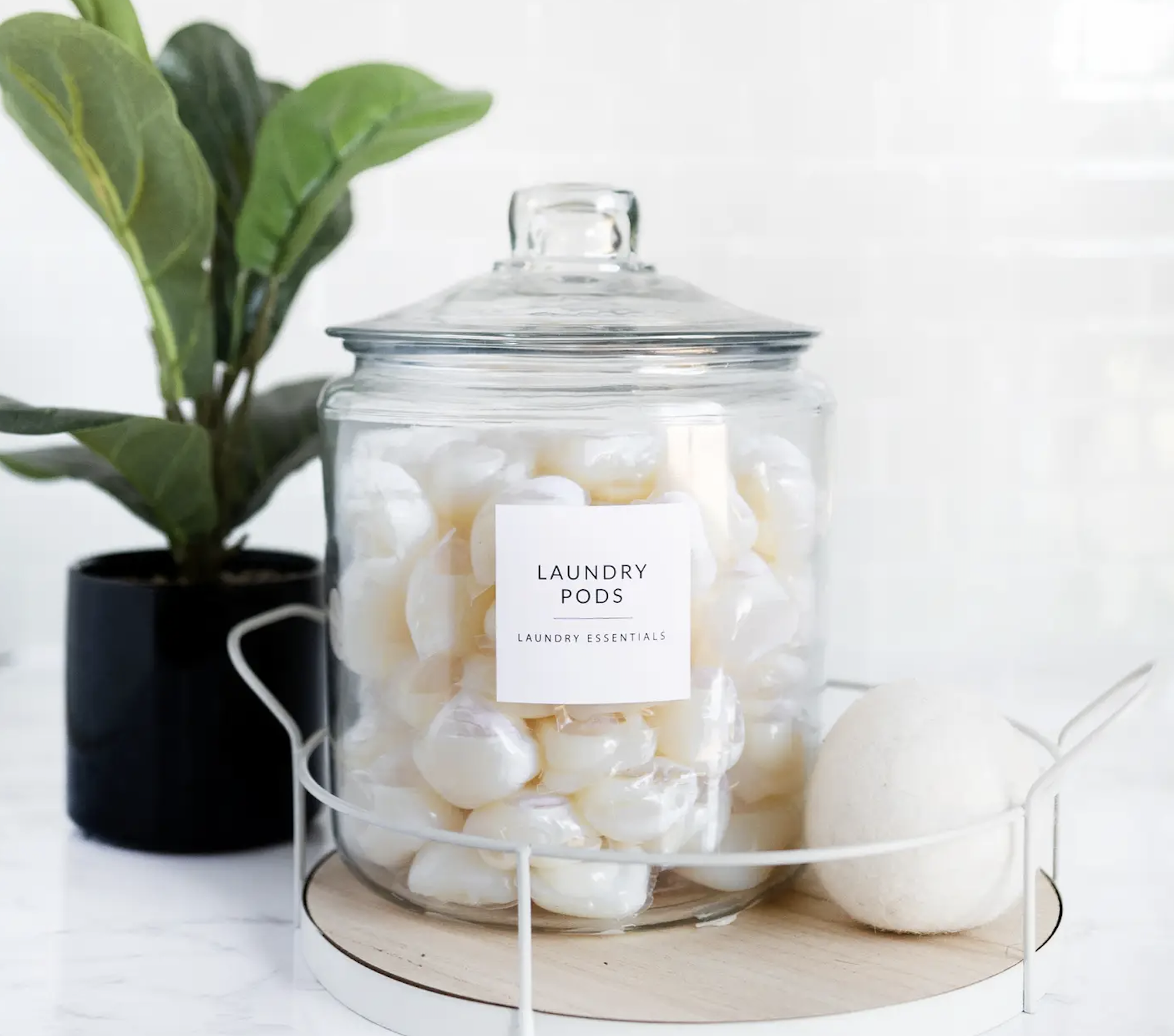 Glass jar labeled "Laundry Pods" filled with white laundry pods, a potted green plant, and a white spong on a wooden tray.
