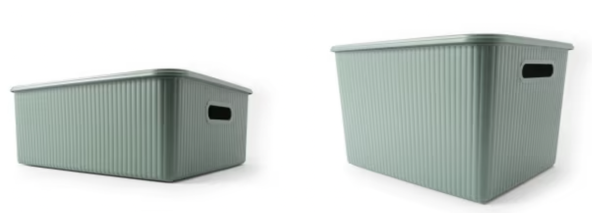 Two light green plastic storage bins with ribbed texture and black handles on the sides, one smaller and one larger, on a white background.