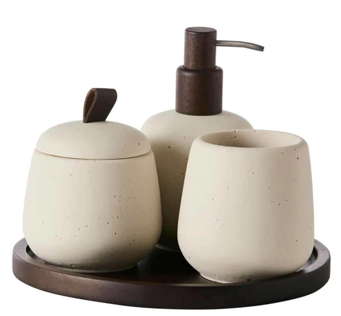 Bathroom Set of three ceramic containers and a matching tray
