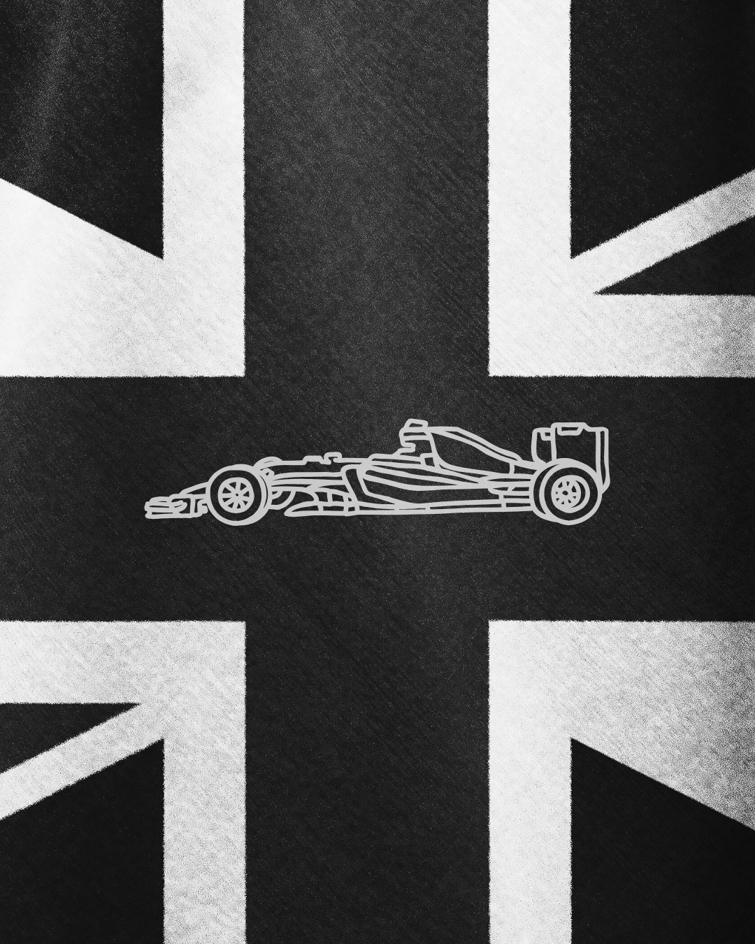 A racing car sticker on a surface with a Union Jack flag design in black and white.