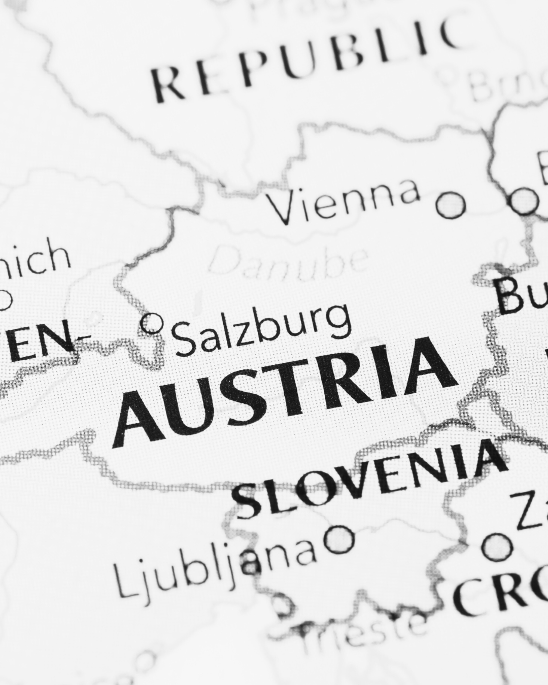 Close-up of a map showing Austria, with surrounding countries including Slovenia, Germany, and the Czech Republic.