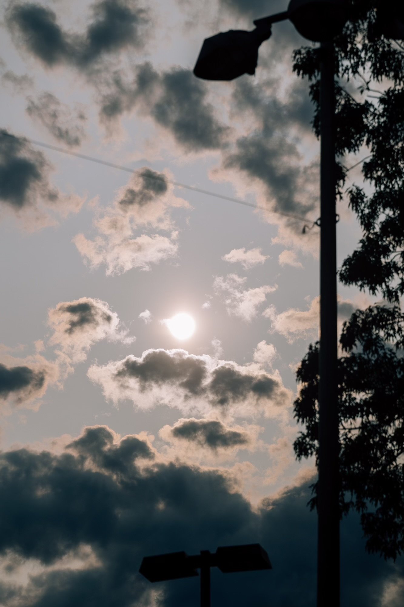 Cloudy sky with the sun partially obscured, silhouetted streetlight and trees.