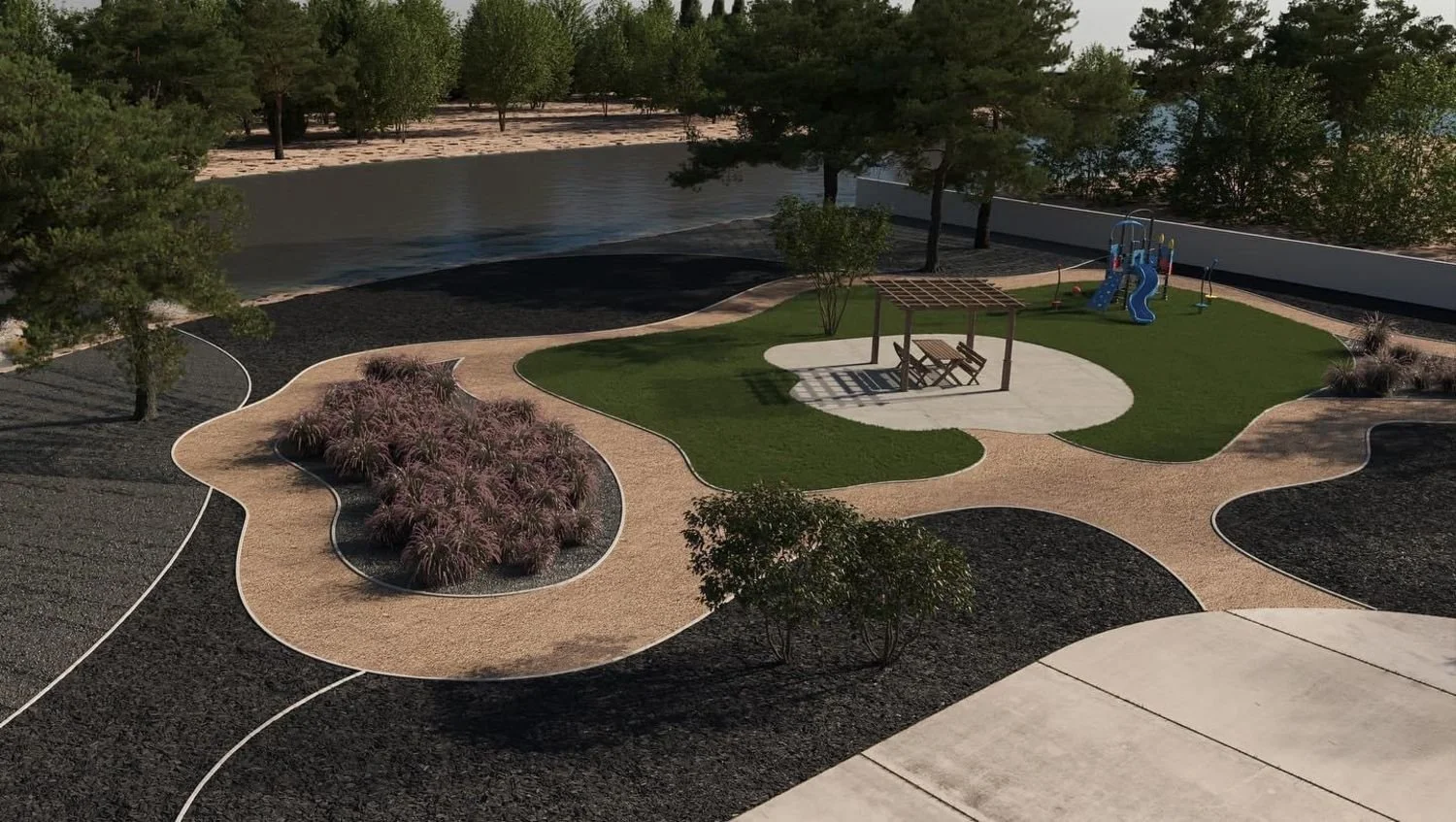 Municipal and public park commercial landscape design with walkways and green space in Odessa, TX