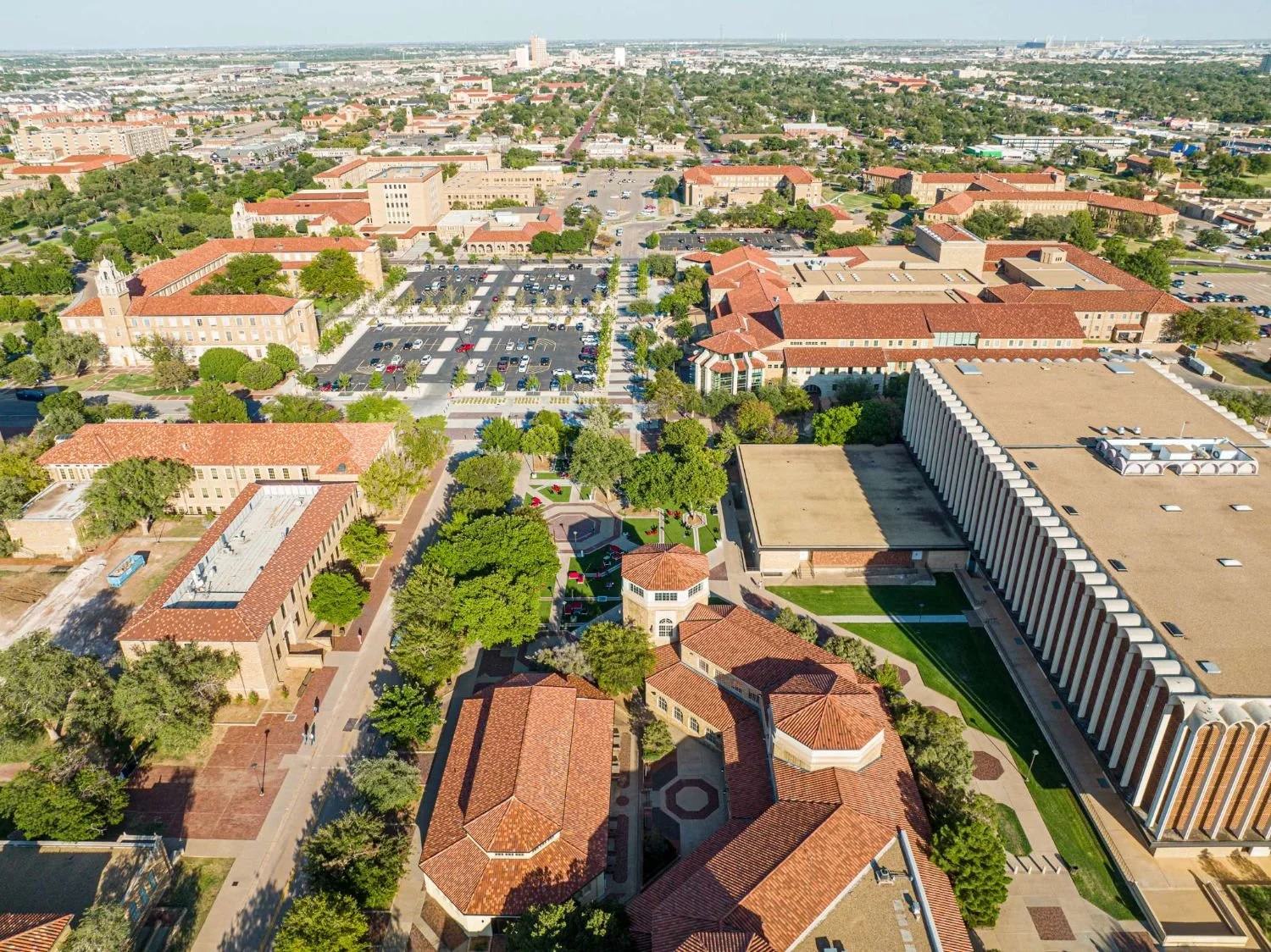Commercial landscape design public plaza with seating in Lubbock, TX