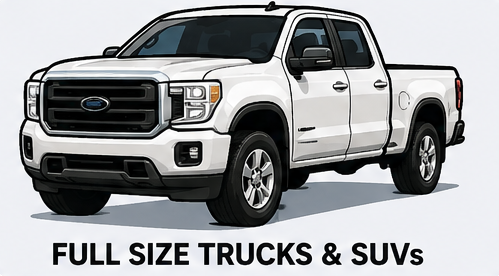 A white Ford full-size truck with four doors, black grille, and large tires, showing advertisement for full size trucks and SUVs.