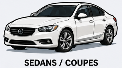 White sedan car with black grille and alloy wheels, labeled as sedans / coupes.