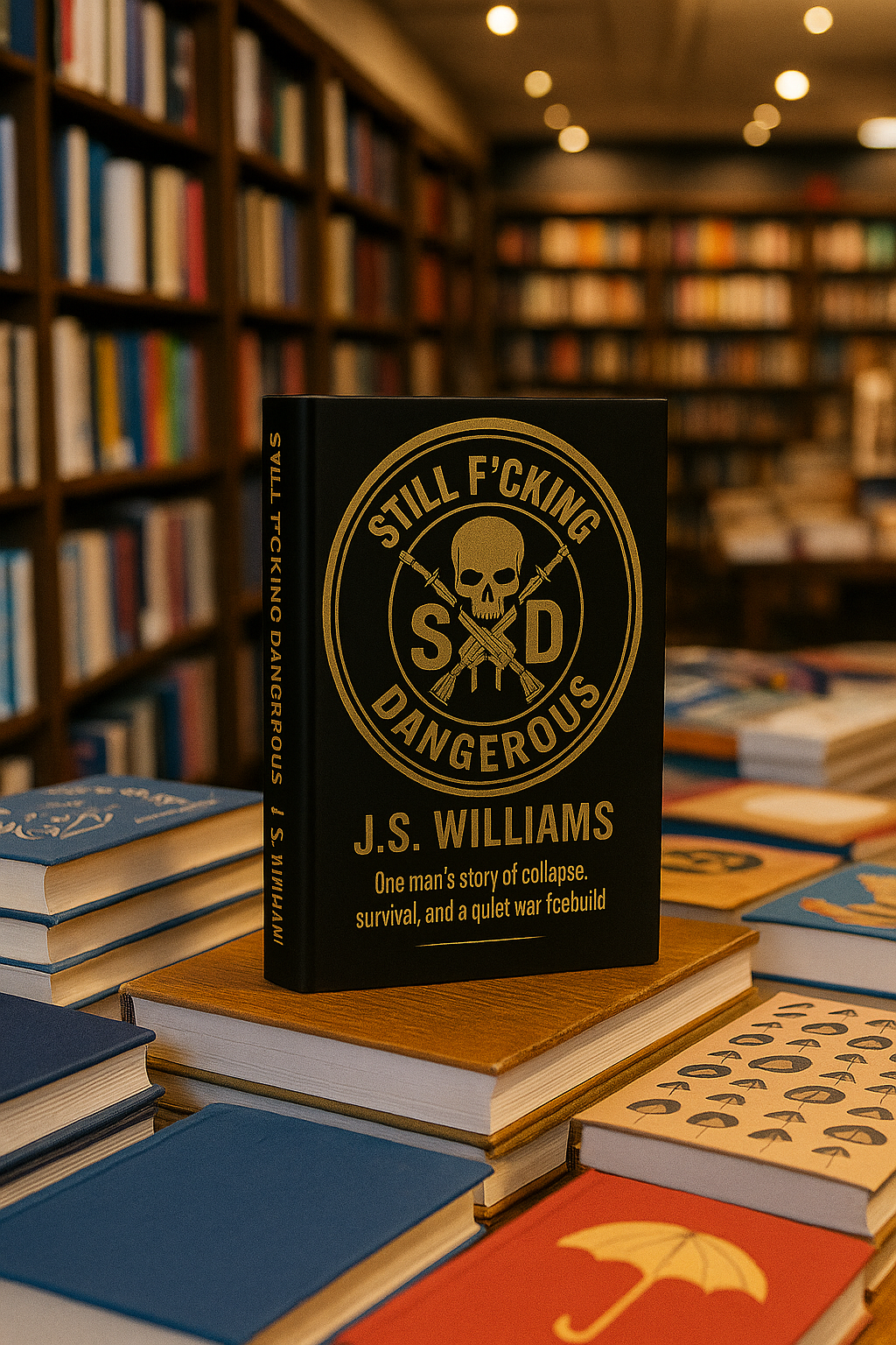A black book titled "Still F*cking Dangerous" by J.S. Williams stands on a table surrounded by other books, in a bookstore setting with blurred shelves in the background.