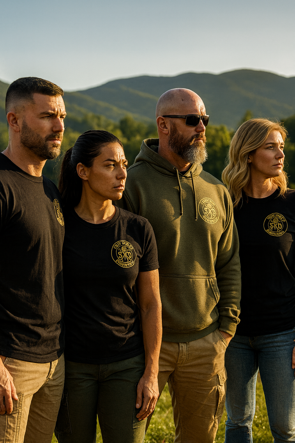Four people standing outdoors in front of mountains during sunset, wearing casual clothing with some displaying a logo, looking serious and focused. SFD Still F'cking Dangerous