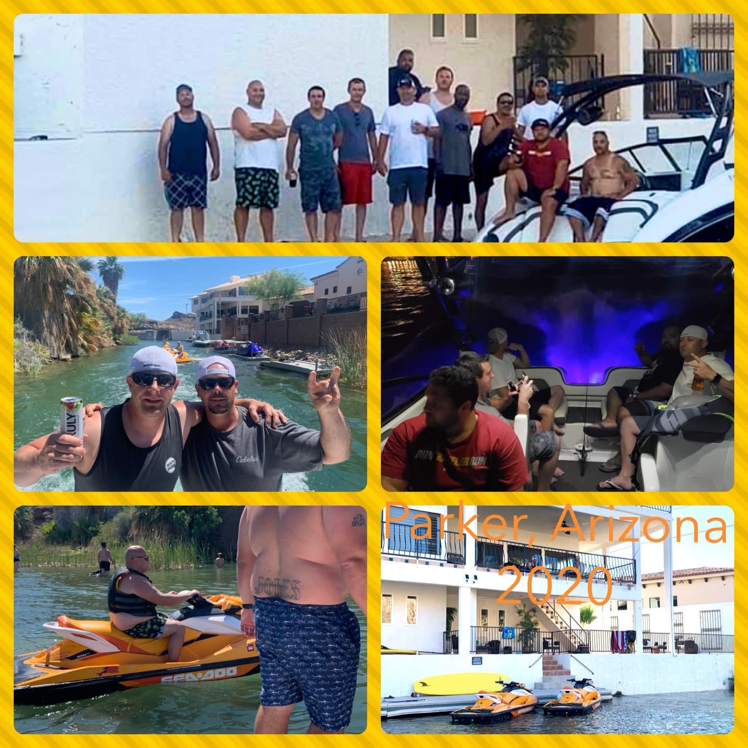 A collage of five photos from a trip to Parker, Arizona in 2020. The top image shows a group of people standing outside near a golf cart, some with arms crossed or holding drinks. The second image features two men on a boat with palm trees and water
