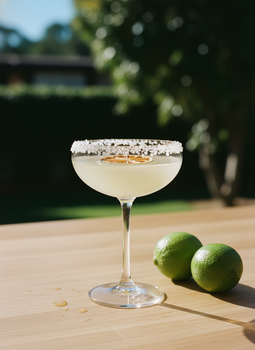 Margarita on an outdoor table with limes in the sun