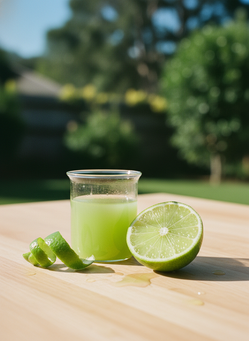 Glass of fresh lime juice with peel and a halved lime on a sunlit bench