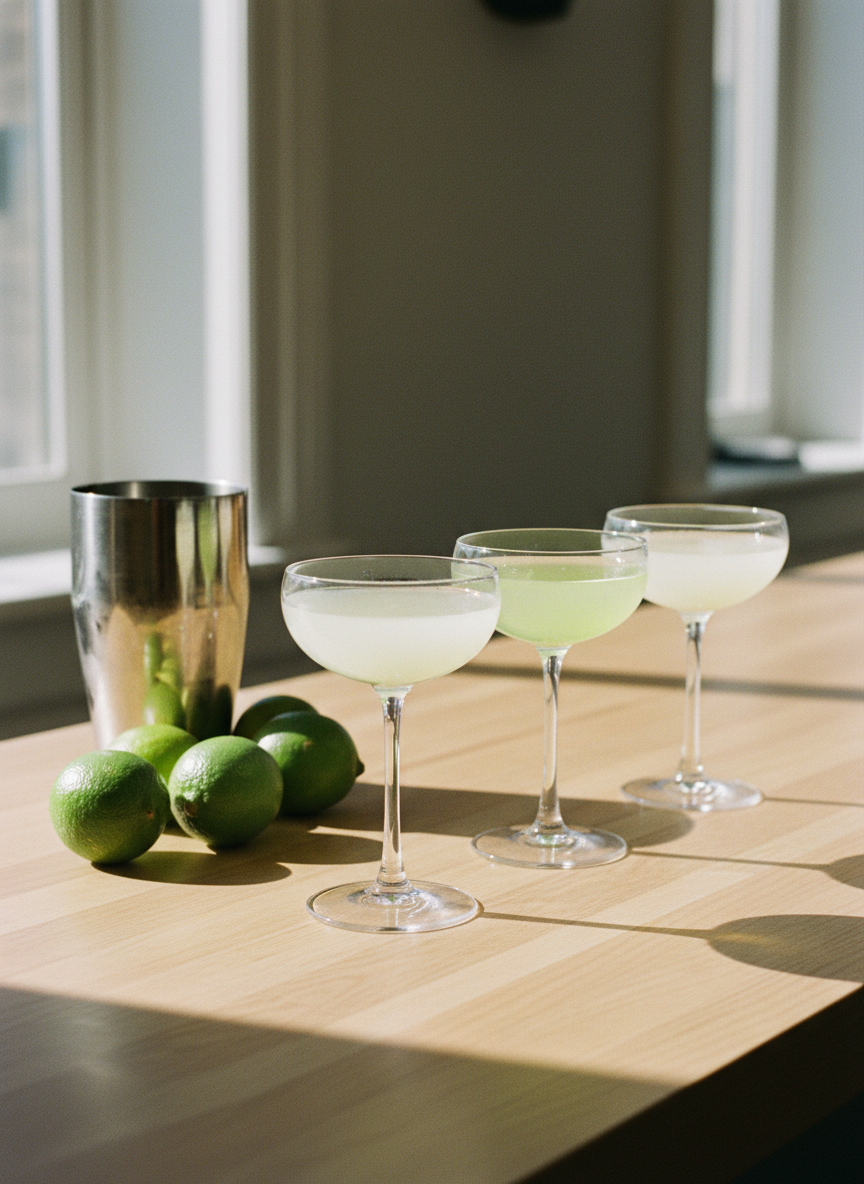 Blind taste test line-up of three margaritas beside a shaker and fresh limes