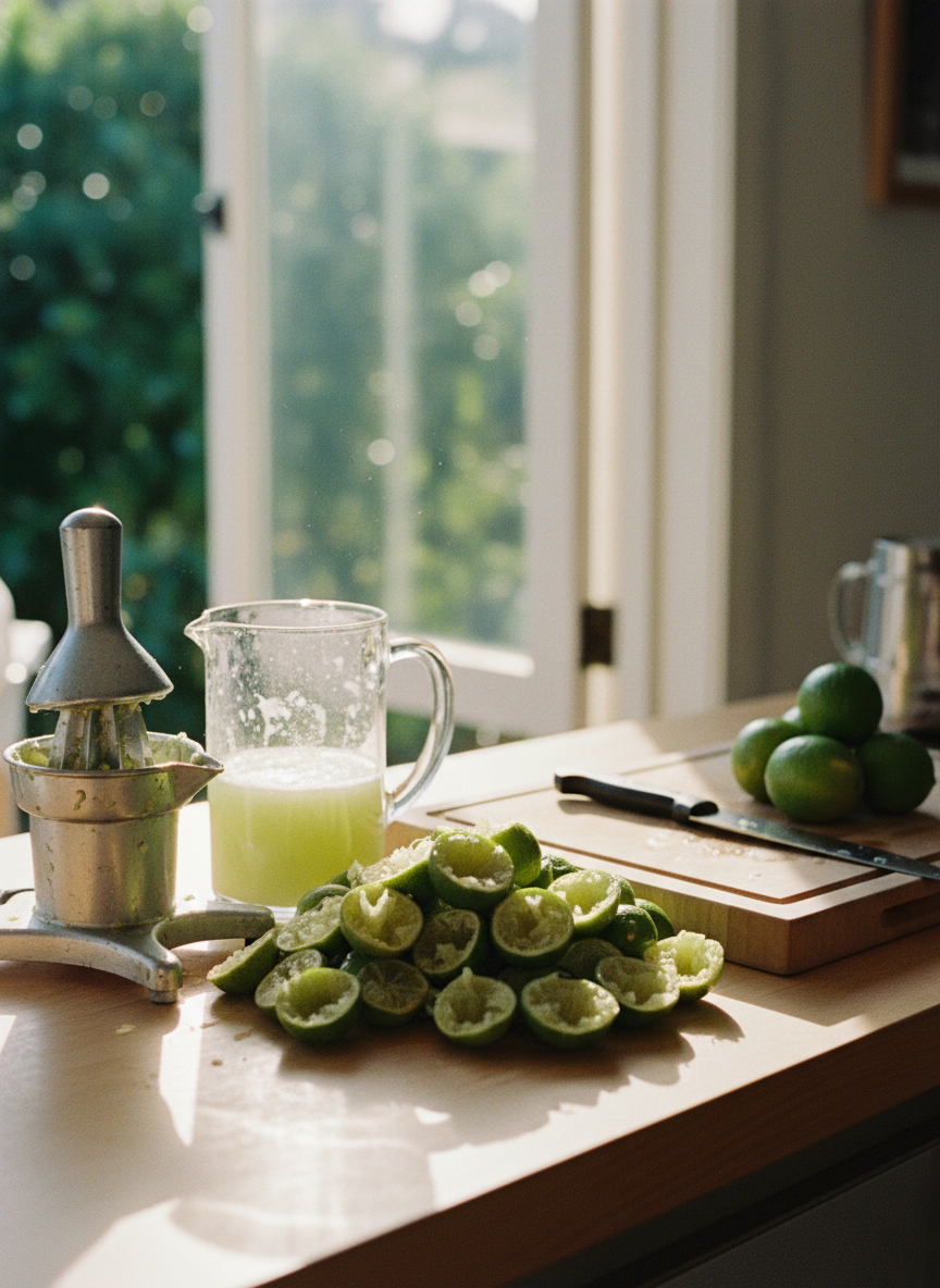 Bar prep bench with a manual juicer, spent lime halves and a jug of juice