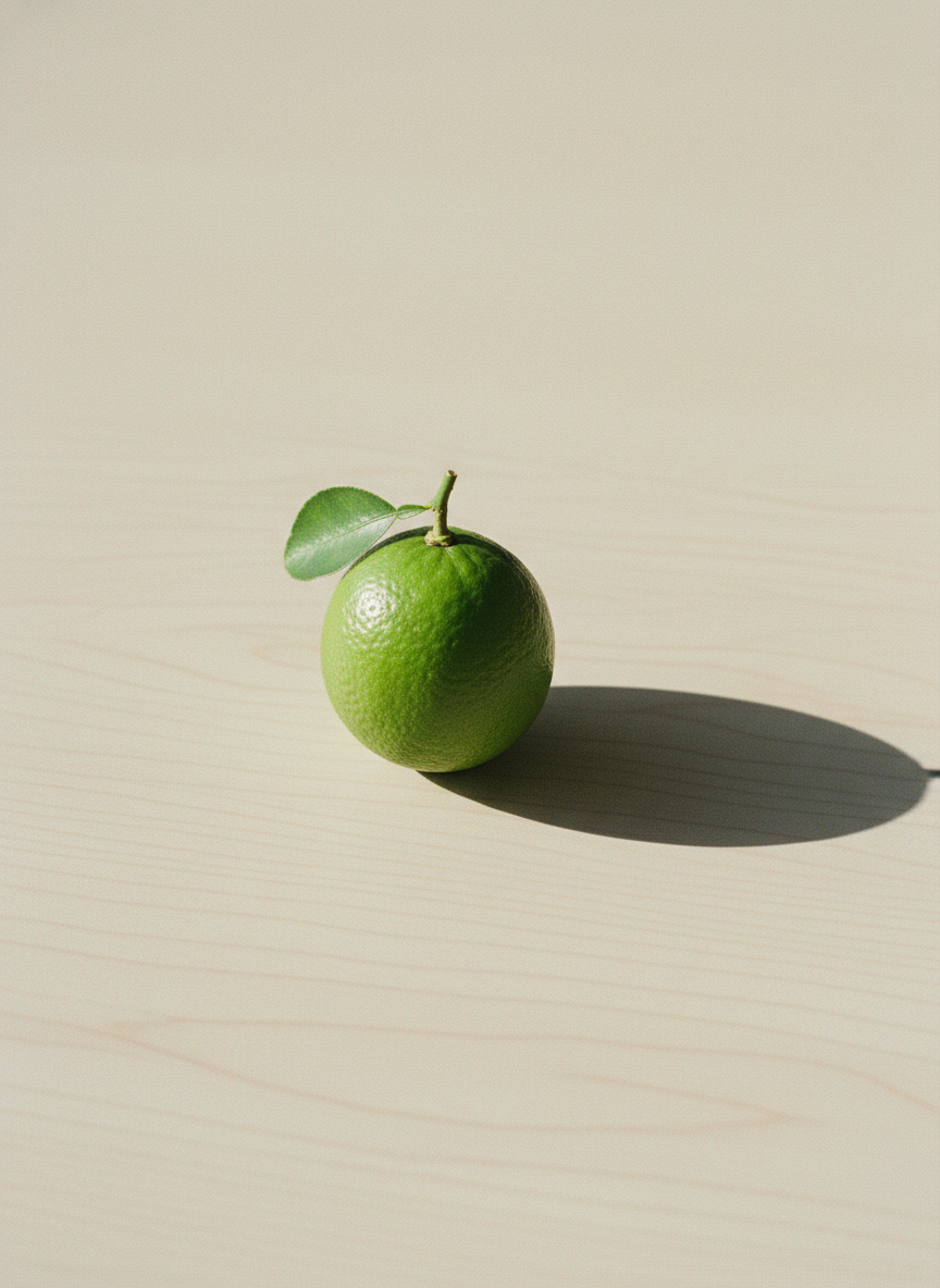 A single lime with a leaf casting a long shadow on a pale bench