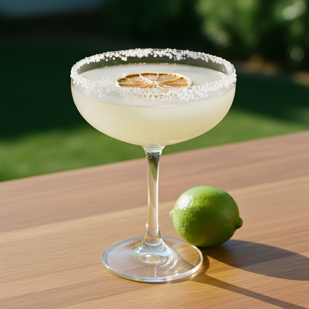 Margarita in a salt-rimmed coupe with a dried lime wheel, beside a fresh lime