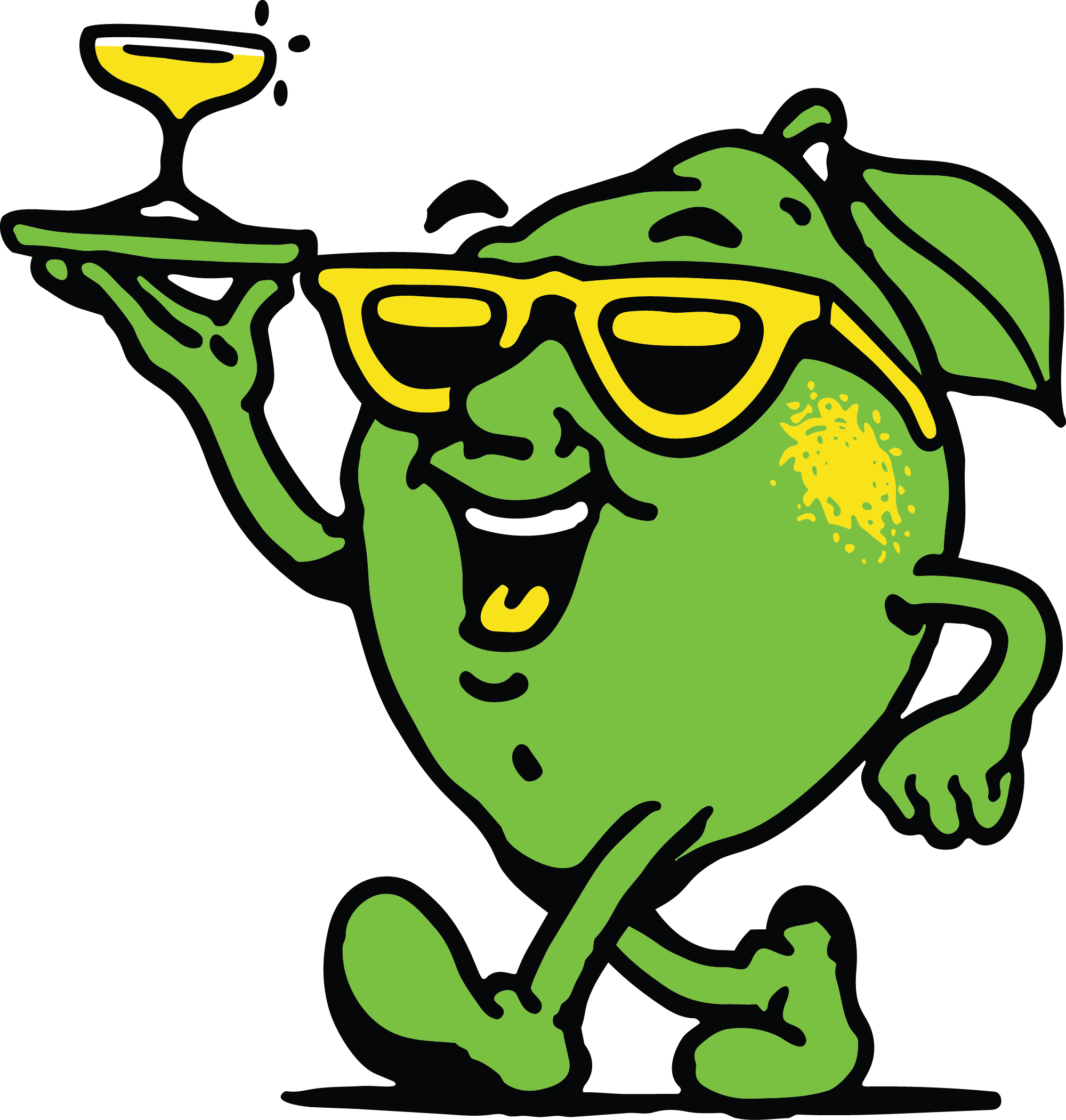 Mr. Zing lime mascot in sunglasses carrying a cocktail on a tray