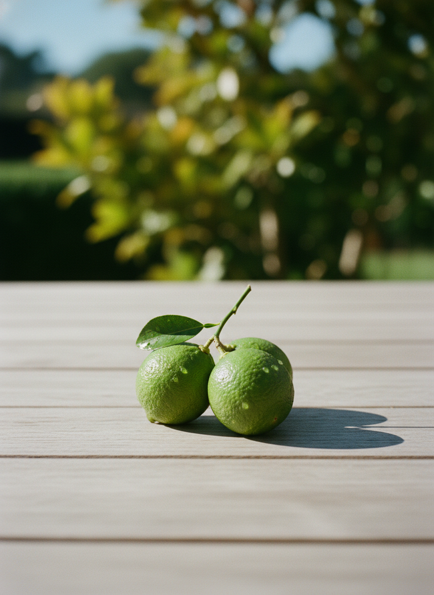 Two limes on a timber deck under a citrus tree