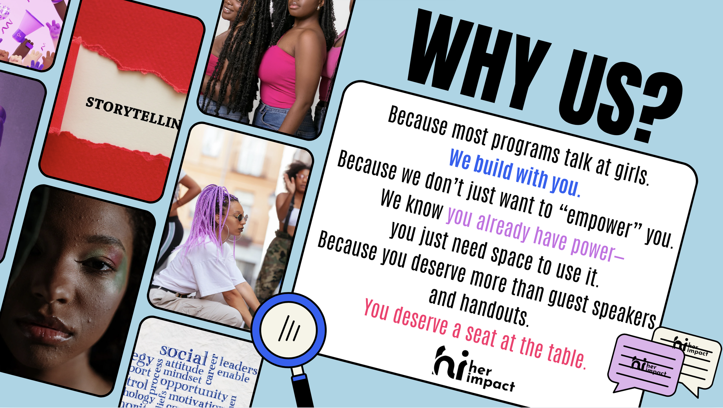 A promotional flyer for HER Impact, featuring photos of diverse women and text highlighting the organization's mission to empower girls through storytelling and programs. The flyer includes bold headings, colorful accents, and images of women with natural hairstyles, along with icons like a magnifying glass and speech bubbles.