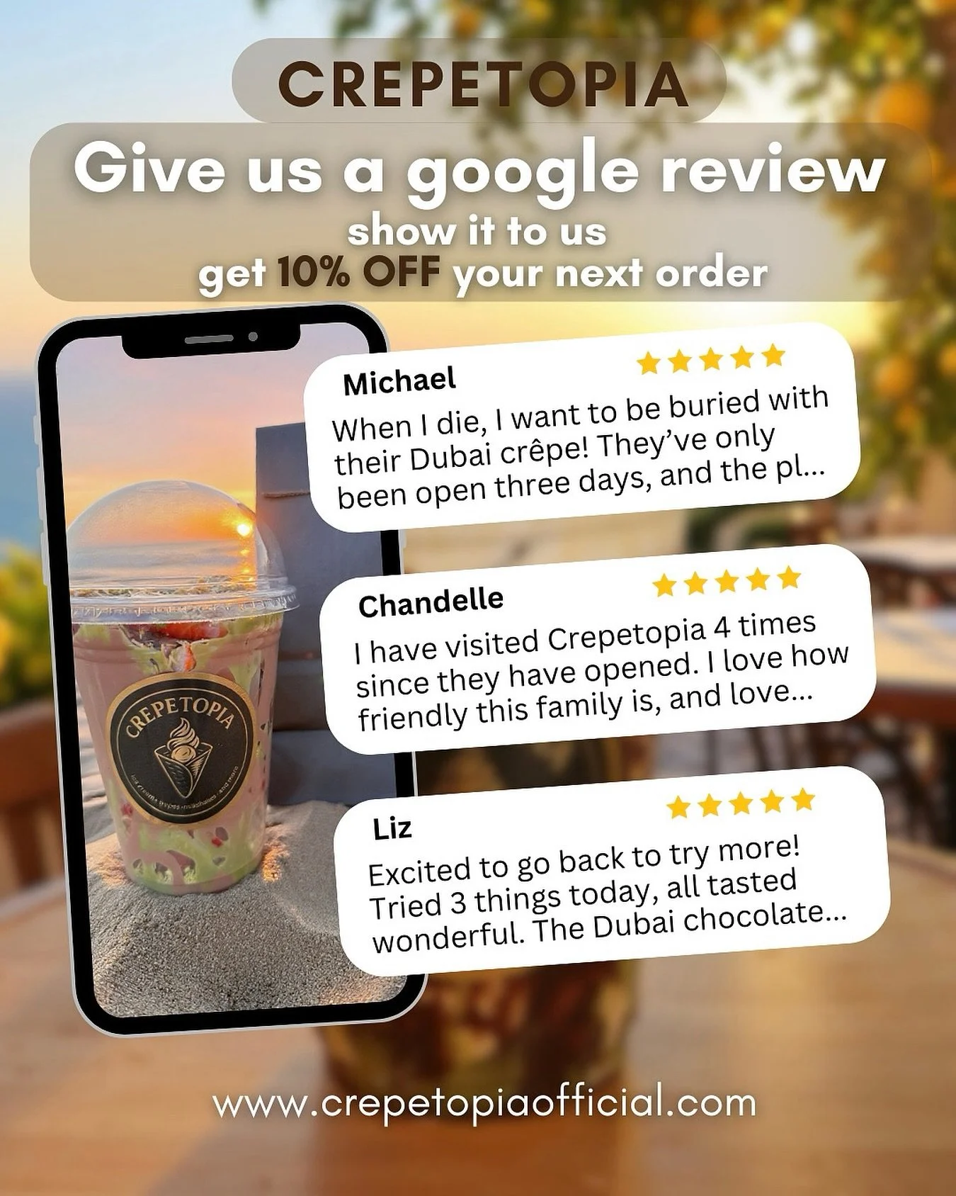 💫 Sweet Deal Just for You 💫
Leave us a ⭐️⭐️⭐️⭐️⭐️ Google Review and show it at checkout to get 10% OFF your order 🍦🥞🍫

Your kind words help our shop grow, and we love giving back to our amazing Sarasota community 🤍 #sarasota #sarasotaeats #supp