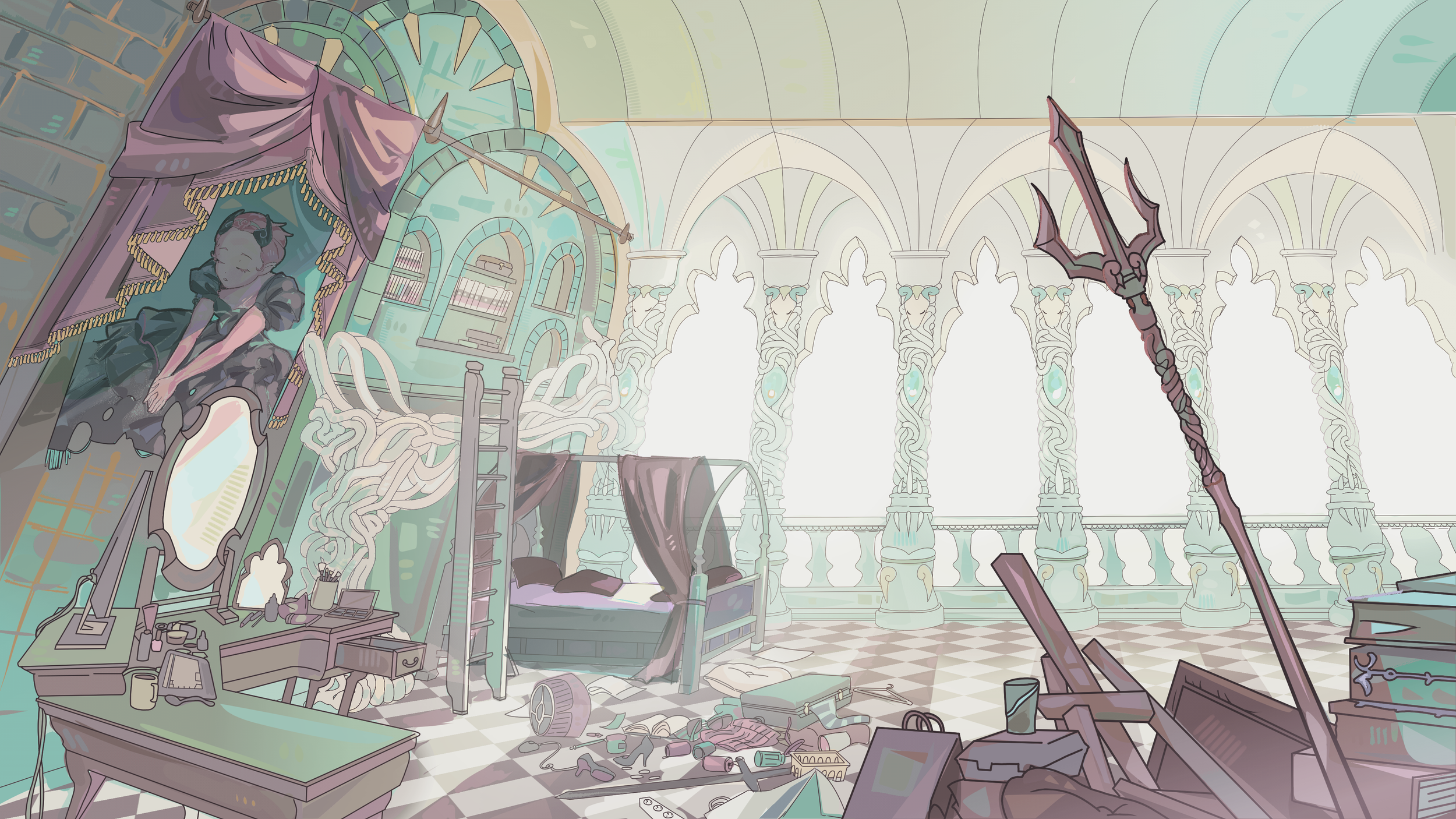 A vast muted pastel illustration of an fantastical open room.