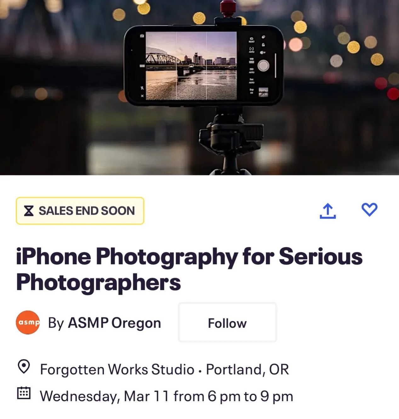 Interesting leveling up your iPhone photos?
(Ticket link in comments)

We are hosting a very cool event for @asmporegon at the studio tomorrow night!

Level up your shots with pro tips and tricks at our hands-on iPhone Photography workshop!
ASMP Oreg