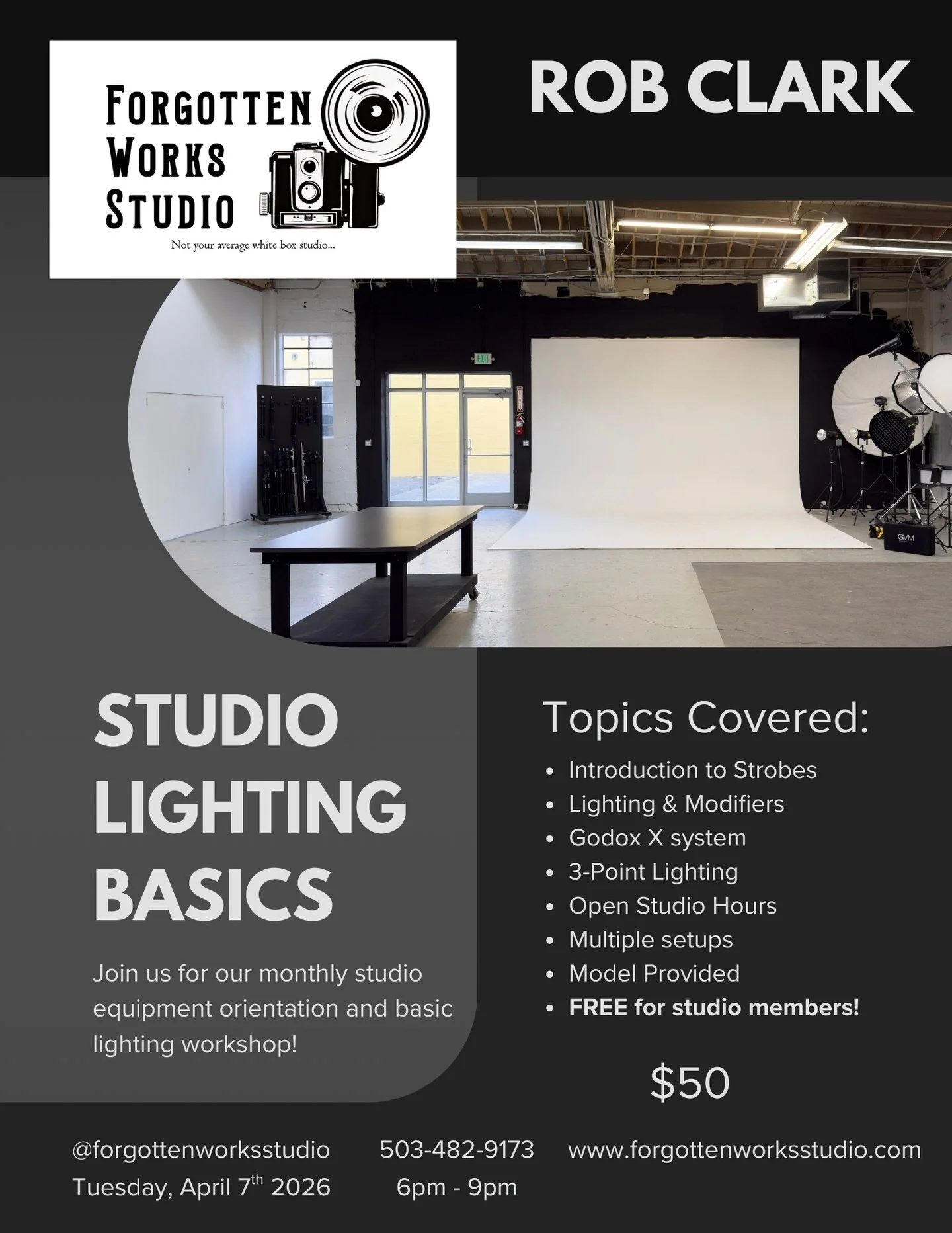 Join us APRIL 7th 6pm-9pm for our new monthly basic lighting workshop &amp; equipment orientation. FREE for members &amp; $50 for all other participants. Looking to gain more knowledge on studio lighting/equipment? This is the perfect opportunity to 