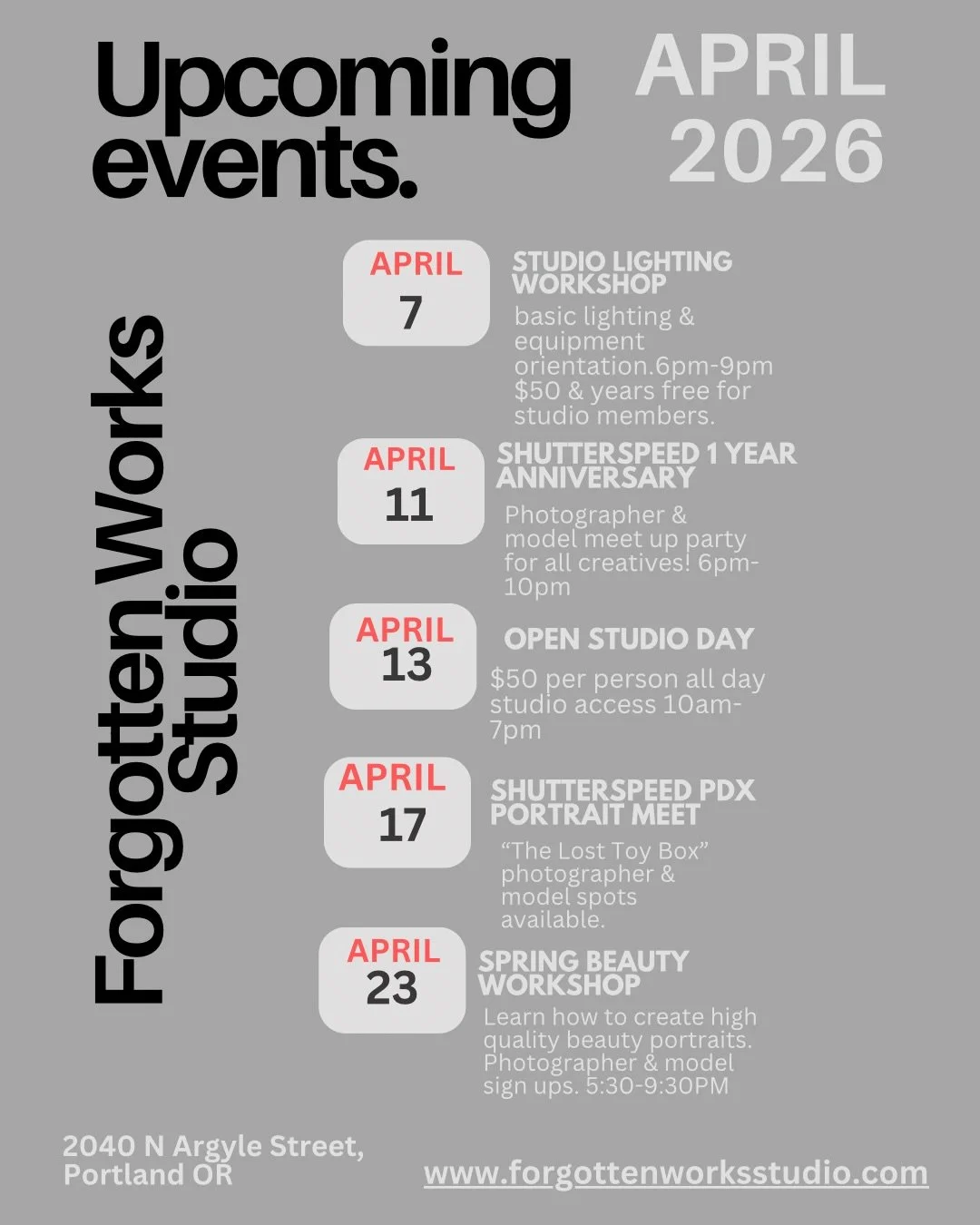 APRIL EVENTS CALENDAR! We have a booked &amp; busy April planned at Forgotten Works Studio!🌸📸Don&rsquo;t miss out on an array of events, from workshops to model+photographer collab days we have something planned for everyone! Click the link in our 