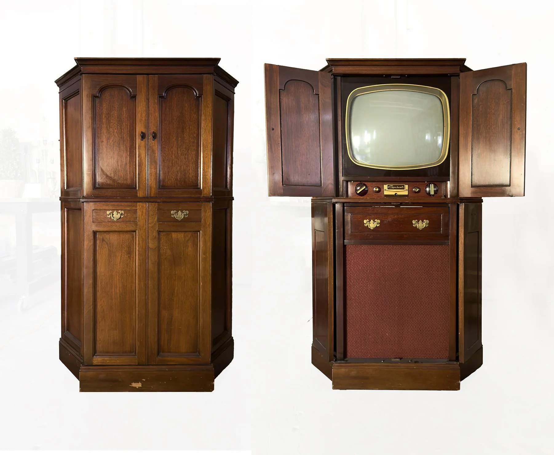 Vintage wooden television cabinet with doors open, showing an old TV inside, and a closed cabinet door on the left.