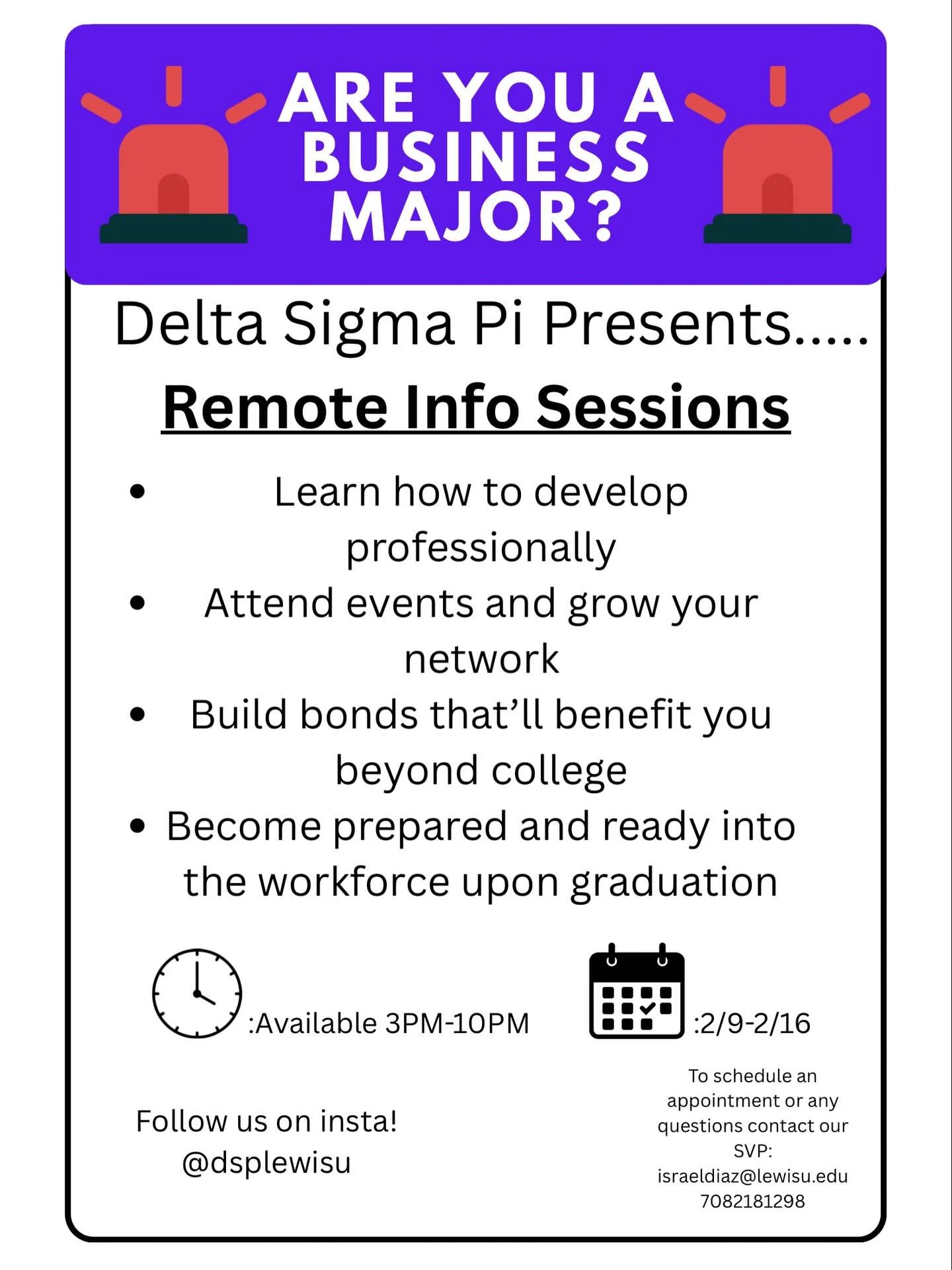 Curious about Delta Sigma Pi? Schedule a remote info session to learn how DSP can help you grow professionally, expand your network, and build connections that last beyond college.

📅 2/9&ndash;2/16 | 🕒 3&ndash;10 PM

DM us to schedule a session!
@