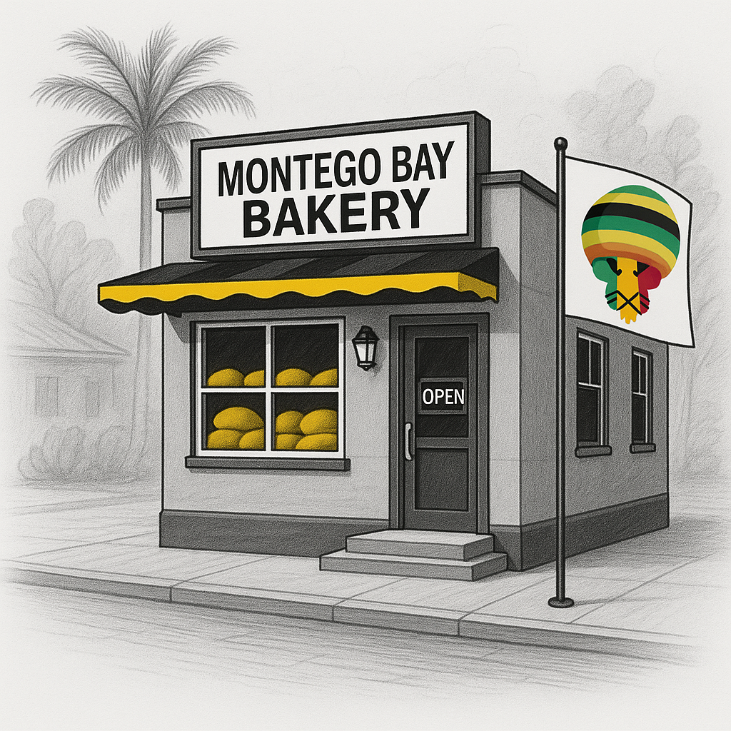 Black and white drawing of Montego Bay Bakery with yellow accent awning, a sign showing yellow bread and rolls in the window, an 'OPEN' sign on the door, a flag with a Rastafarian style woman with a headwrap, and background with palm trees.