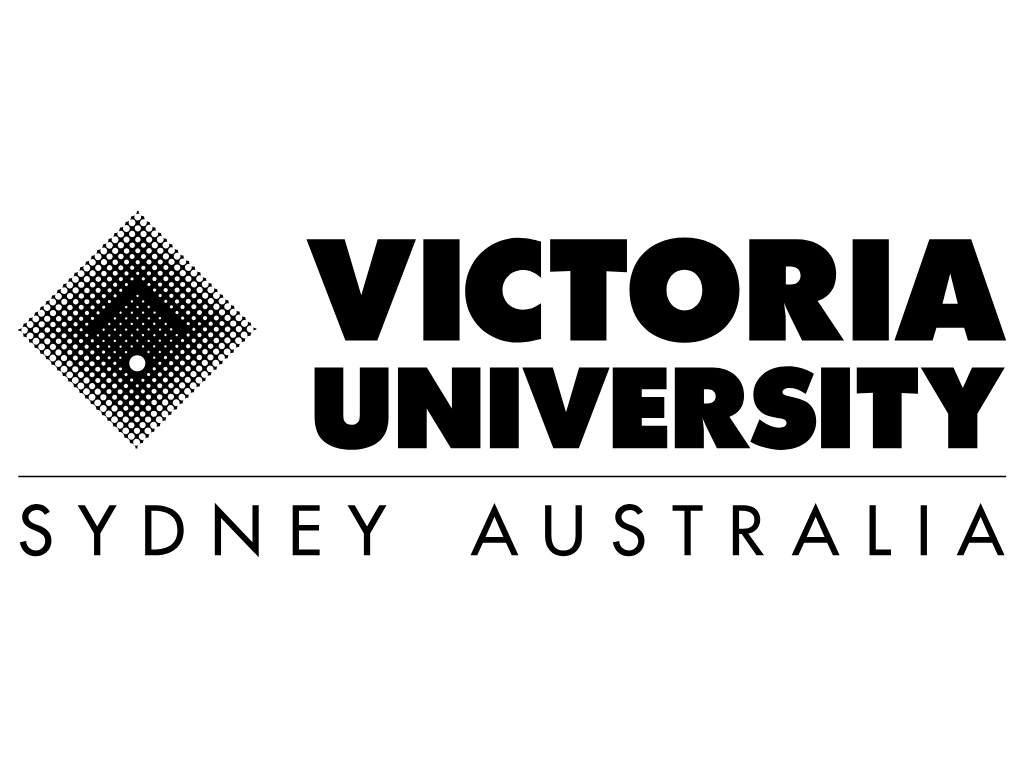 Victoria University logo featuring black text and a dotted diamond-shaped emblem, with 'Sydney Australia' written below.
