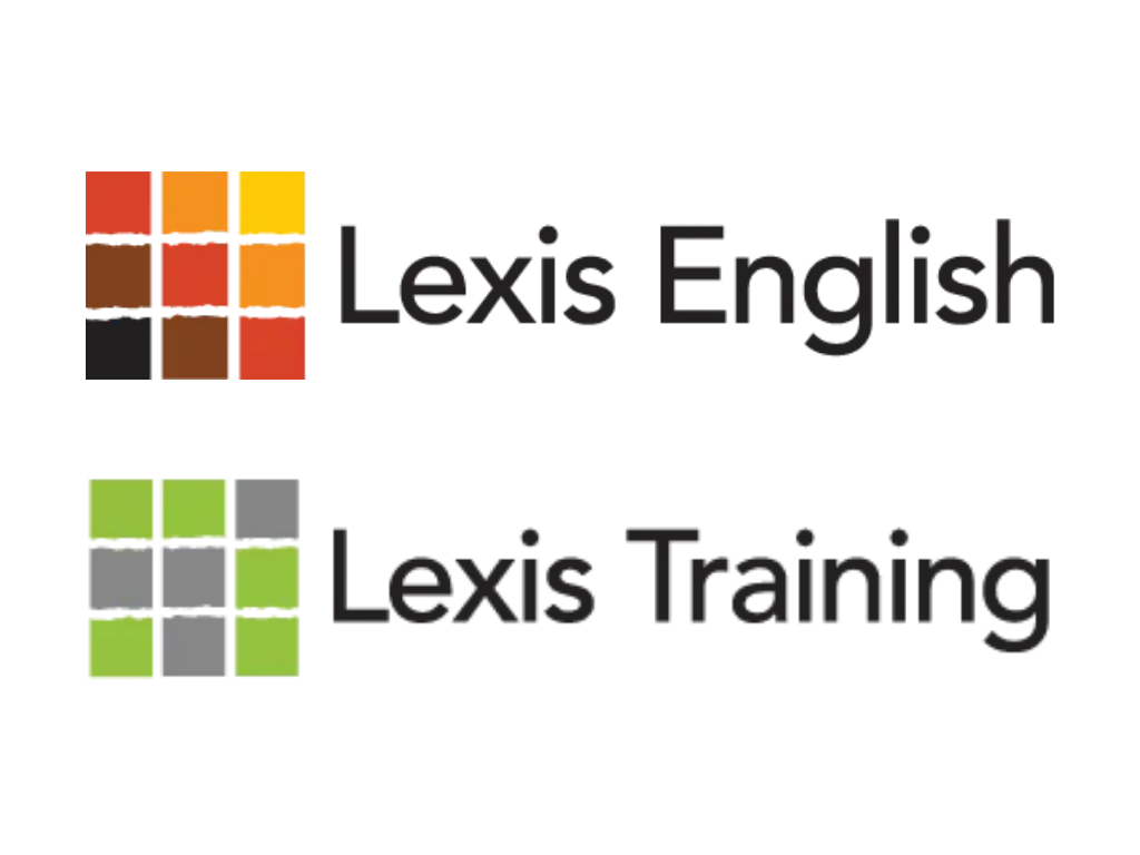 Two logos: the first with orange, yellow, and black color blocks labeled 'Lexis English,' and the second with green, gray, and white blocks labeled 'Lexis Training'.