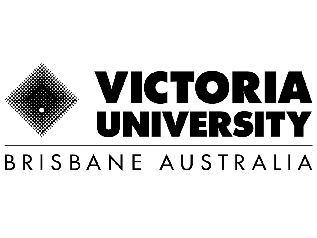Victoria University Brisbane Australia logo in black and white.