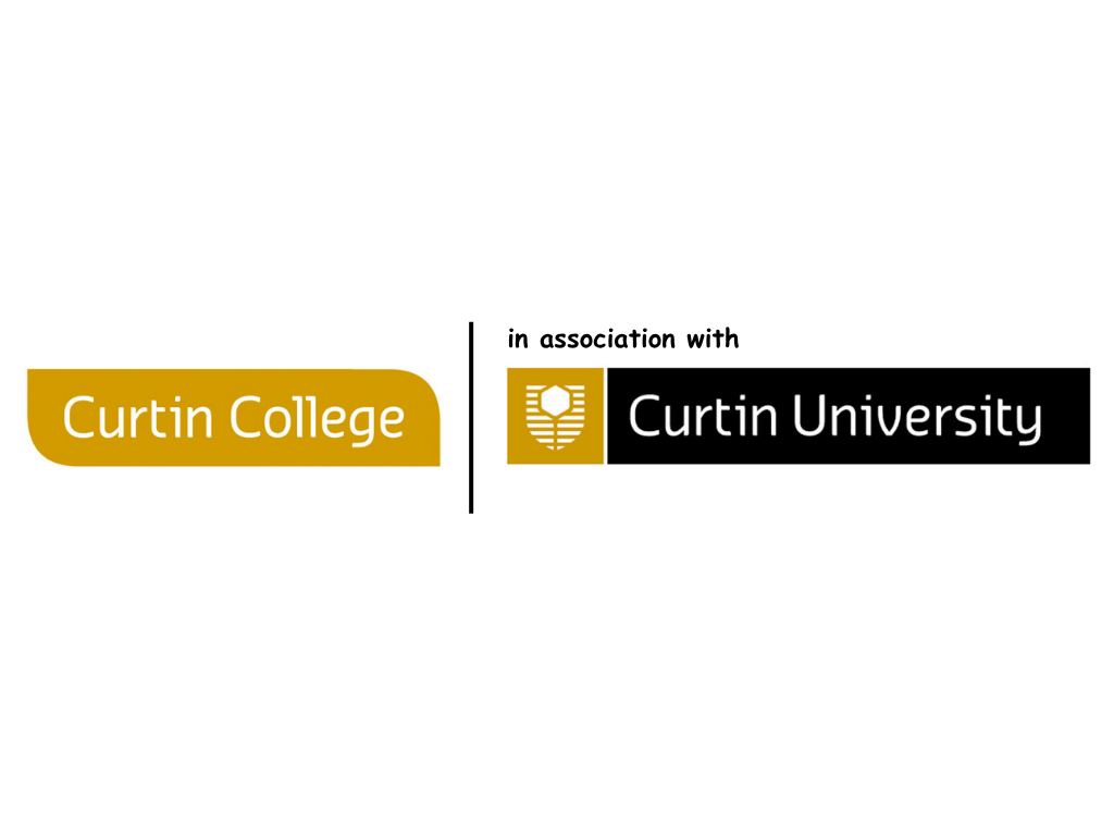 Logo with text 'Curtin College' and 'Curtin University' separated by a vertical line, with the text 'in association with' above the university name.