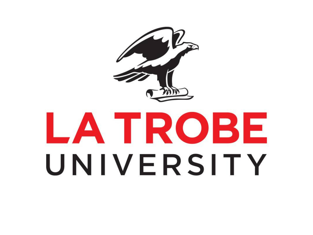 Logo of La Trobe University featuring a black eagle on a skateboard, with the text 'La Trobe University' in red and black