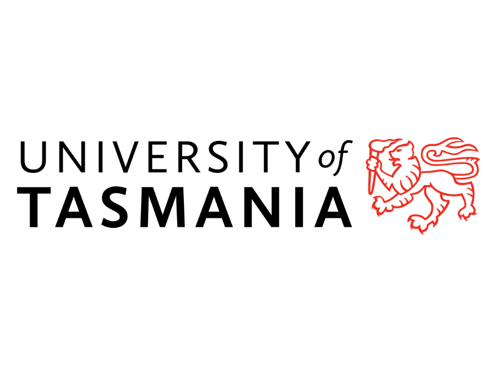 University of Tasmania logo with black text and red lion emblem.
