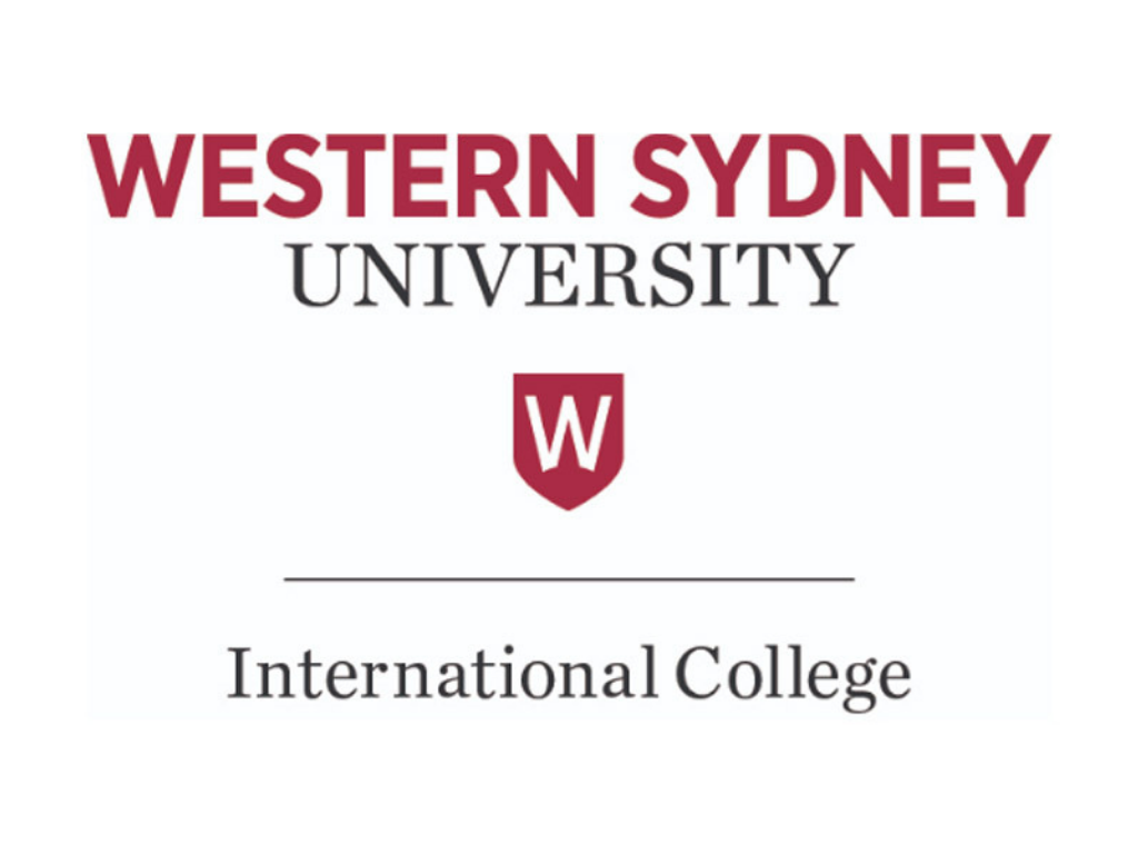 Logo of Western Sydney University International College with red and black text and a red shield emblem with a white 'W'