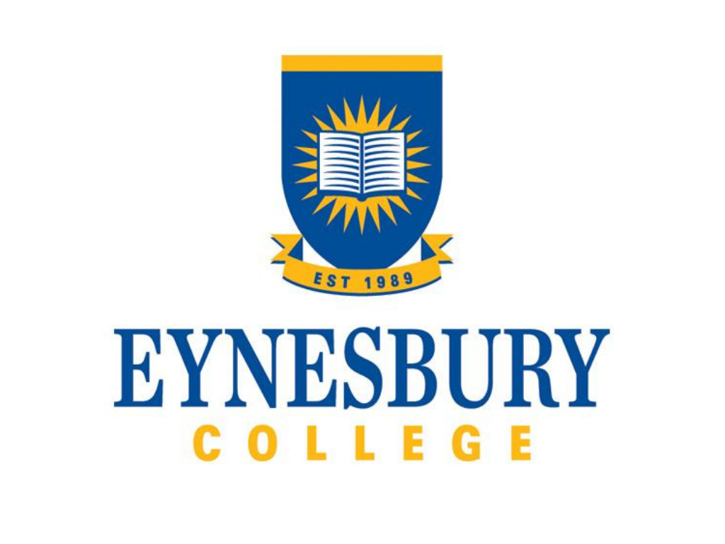 Eyensbury College logo with a shield, open book, and the text 'EST 1989 EYNSBURY COLLEGE'