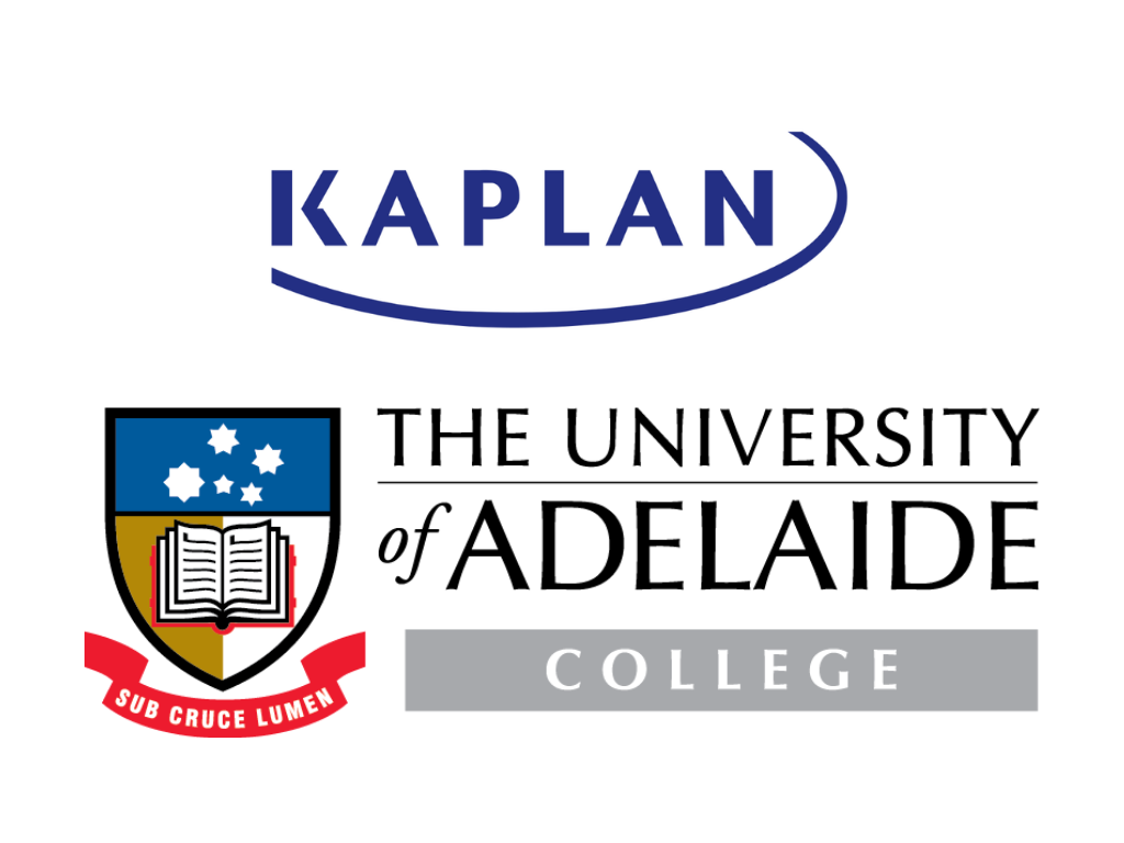 The logo of Kaplan, The University of Adelaide College, featuring a shield with stars, an open book and a red banner with Latin text.