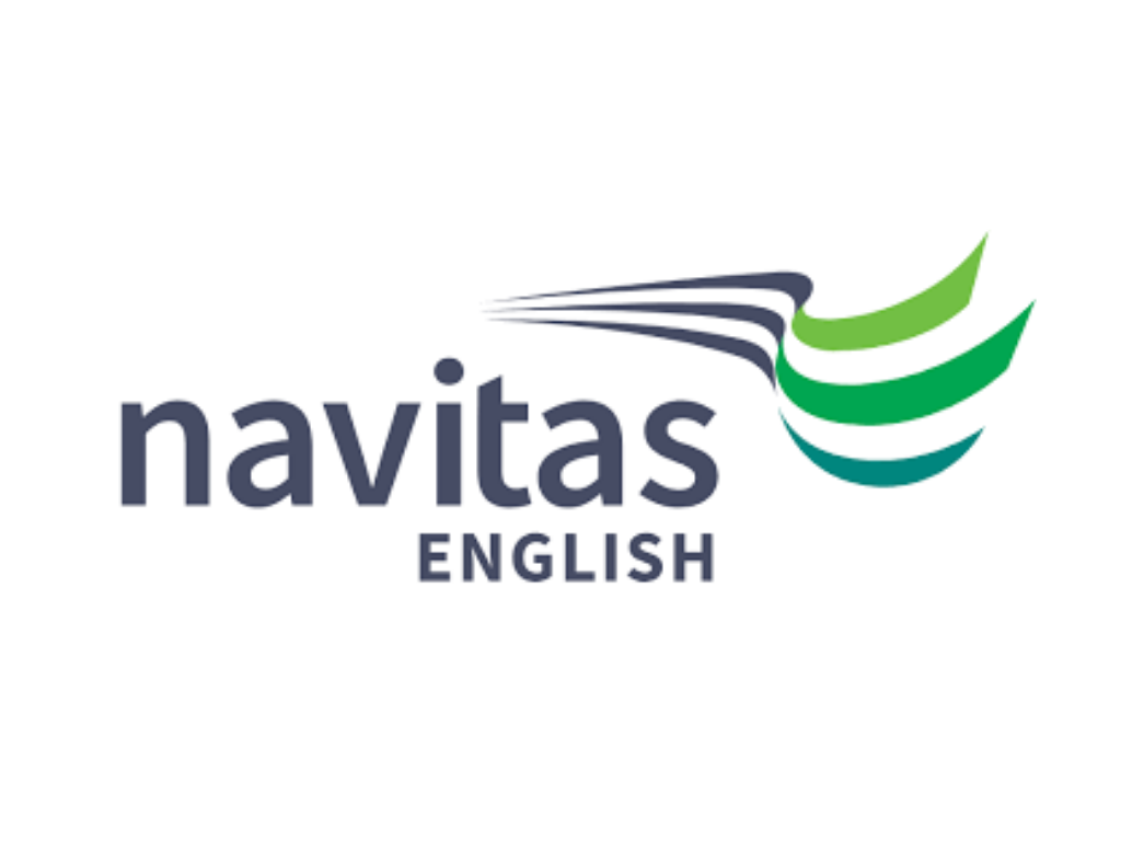 Navitas English logo featuring stylized leaves or swooshes in green and dark blue with text.