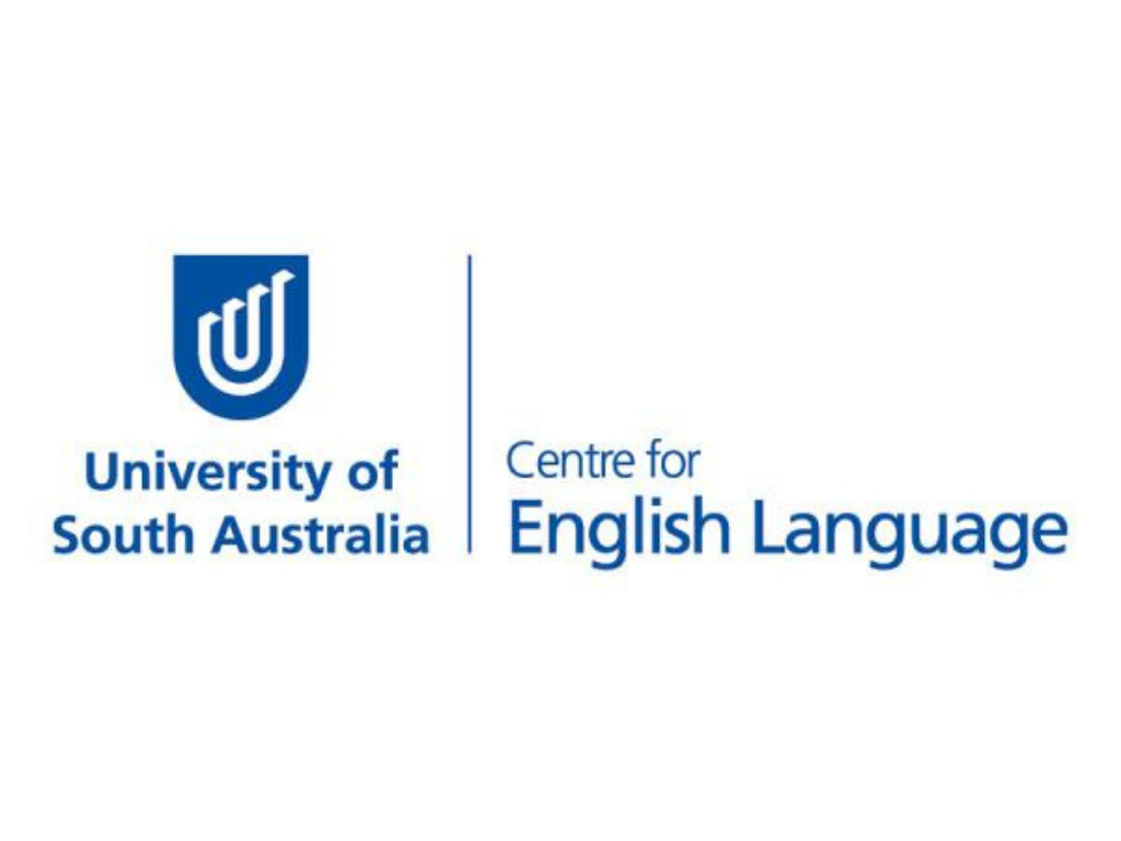 Logo of the University of South Australia Centre for English Language with a blue shield and stylized U shape, and text in blue