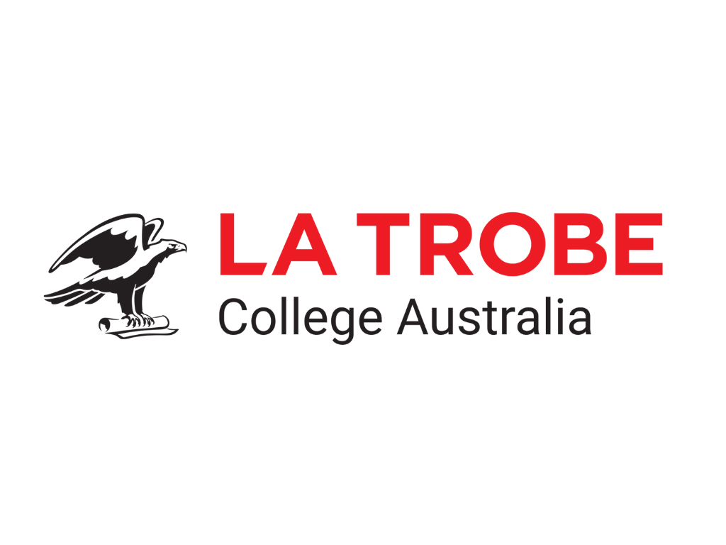 LA Trobe College Australia logo with a black and white eagle illustration and red and black text.